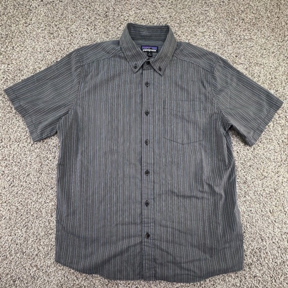 Patagonia Shirt Mens‎ Medium Organic Cotton Short Sleeve Casual Striped Gray - Picture 2 of 7